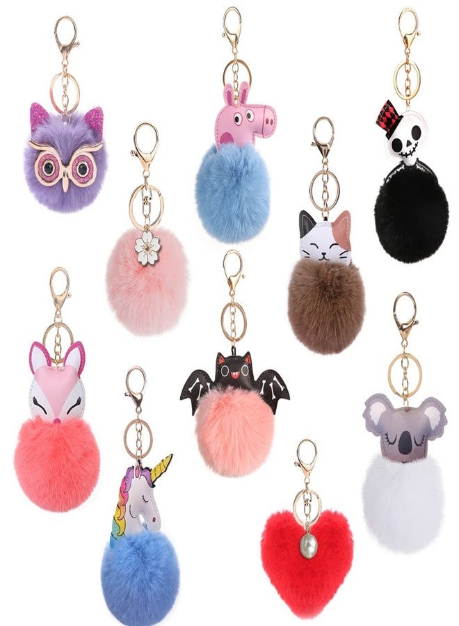 Plzoslly 10 Pieces Plush Keychain Bulk Christmas Stocking Stuffers, Animal Pom Pom Keychain Cute Fluffy Key Ring for Women Girls Bag Accessories - Image 1